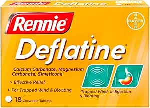 The image shows a box of Rennie Deflatine Trapped Wind & Bloatedness Relief with 18 tablets featuring simeticone. It relieves trapped wind and bloating while highlighting its antacid properties with calcium carbonate, magnesium carbonate, and simeticone.