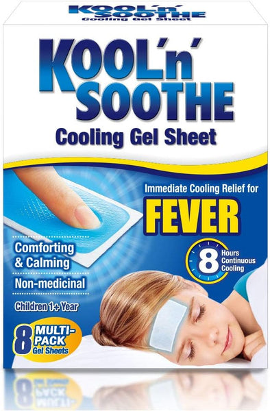 The Kool N Soothe Kids Cooling Strip Sachets provide fever relief with eight non-medicinal, cooling gel sheets for children over 1 year. The package features a child with a forehead strip, highlighting comfort during an eight-hour cooling period.