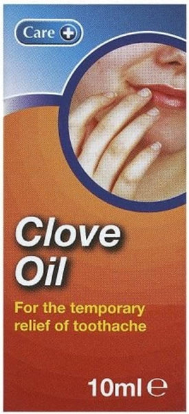 The Care Clove Oil (10ml) packaging, used for temporary toothache relief, displays a person touching their cheek to suggest pain. The label prominently features the blue Care logo at the top.