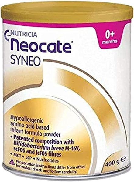 The Nutricia Neocate Syneo Powder Tub (400g) for 0+ months is shown. This hypoallergenic, amino acid-based formula supports digestive health with Bifidobacterium breve and fibers.