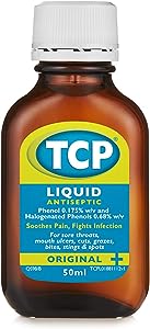 The 50ml TCP Liquid Antiseptic Original, in a brown bottle by TCP, soothes sore throats, fights infections, and treats cuts, grazes, bites, and stings with clear dosage and usage instructions.