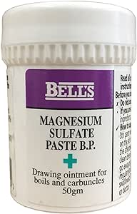 Bells Magnesium Sulphate Paste (50g) comes in a white container with a purple label describing it as a drawing ointment for boils and minor skin infections, with visible instructions on effective relief.