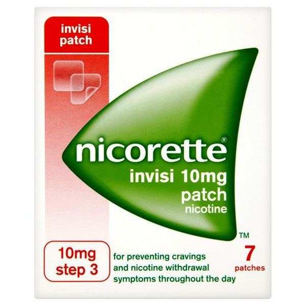 Image of a Nicorette InvisiPatch package. The white and green box reads Nicorette InvisiPatch 10mg - Step 3, designed to prevent cravings and withdrawal symptoms with 7 patches as part of Nicotine Replacement Therapy (NRT).