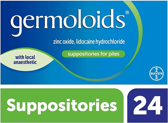 Germoloids Triple Action suppositories, in blue and green packaging, combine zinc oxide and lidocaine hydrochloride for effective haemorrhoid relief. This pack of 24 includes a local anaesthetic to alleviate discomfort.