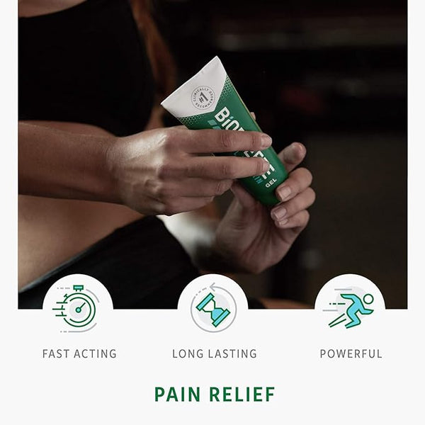 A person holds a tube labeled Biofreeze Pain Relieving Gel (118ml), a trusted gel by Biofreeze. Below, icons show: Fast Acting with a clock, Long Lasting with a dumbbell, and Powerful with a running figure. The text underneath reads Pain Relief through Cryotherapy.