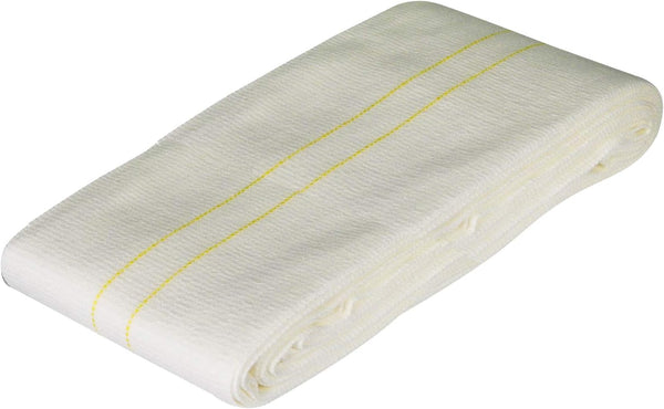 The Vernacare ComfiFast Yellow, measuring 10.75cm x 5m, is a soft, slightly ribbed white fabric with a central yellow stripe, perfect for use as a reusable primary dressing.