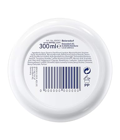 The image shows the bottom of a Nivea Soft Moisture Cream Pot (300ml), highlighting the barcode, ingredients like Vitamin E and Jojoba Oil, recycling info, and a URL to the Nivea website.