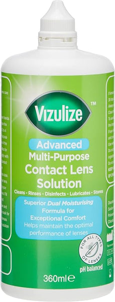 A close-up of the 360ml Vizulize All in One Superior Contact Lens Cleaning Solution shows a green label highlighting its dual moisturizing, cleaning, rinsing, disinfecting, lubricating, and storing capabilities for all lenses. Its pH balanced and suitable for all lens types.