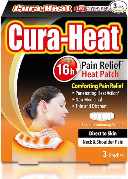 Cura Heat Neck & Shoulder Pain Relief Patch offers up to 16 hours of non-medicinal relief with thin, discreet patches. The packaging features a woman applying one of the three included patches to her sore muscles.