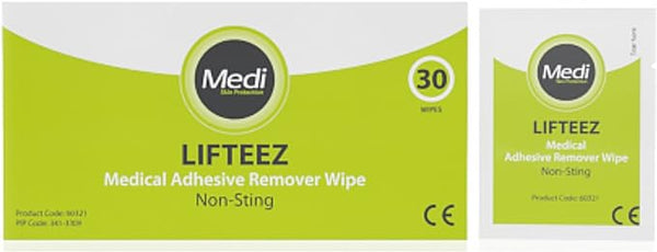 The image shows Lifteez Medical Adhesive Remover Wipes packaging, featuring a lime green and white box with the Medi logo. Non-Sting and 30 wipes are highlighted. The design ensures a pain-free application with product and PP codes on the bottom left, emphasizing skin-friendliness.