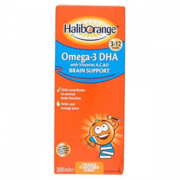 Haliborange Omega-3 DHA Brain Support syrup, designed for ages 3-12, enhances childrens health with vitamins A, C, and D. The vibrant orange packaging features an animated character with a book. This 300ml orange-flavored syrup supports brain function effectively.