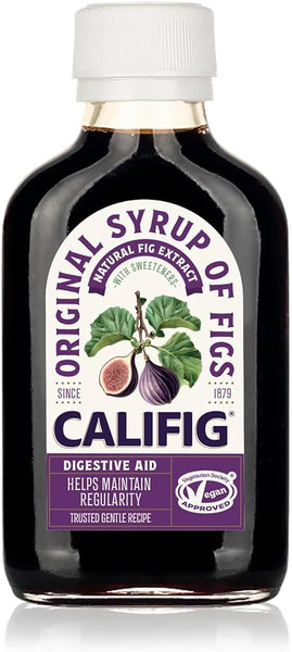 A 100 ml bottle of Califig Syrup of Figs by Califig, featuring a white cap and fig-themed label. Made with natural ingredients, this vegan digestive aid supports regularity and is suitable for vegetarians.