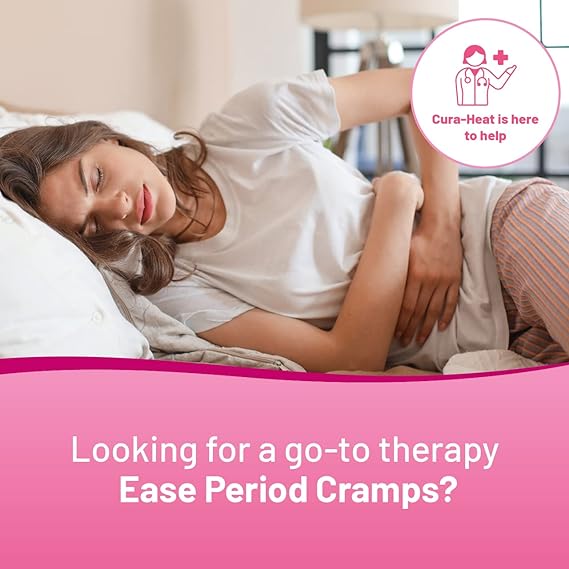 A woman reclines in discomfort on a bed in a white t-shirt and striped pants beneath a pink banner saying, “Looking for effective therapy to ease menstrual cramps?” with a medical icon nearby. Consider the Cura Heat Period Pain Relief Patch (3 Patches) by Cura Heat for effective relief.