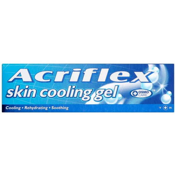 Image of a rectangular box labeled Acriflex Cooling Gel (75ml) with a blue and white design, ideal for dry or irritated skin. It emphasizes cooling, rehydrating, and soothing benefits powered by OSMO Care technology. The Osmo Care logo is prominently on the right side.