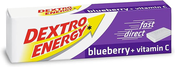 The Dextro Blueberry and VitC packaging features a delightful blueberry flavor with vitamin C, reinforced by a yellow arrow, the phrase fast direct, and a tablet illustration, all highlighting antioxidants to support your active lifestyle.