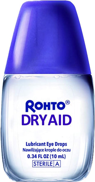 The Rohto Dry Aid Intensive eye drops come in a clear 10 mL (0.34 fl oz) bottle with a blue cap, offering lubricant for instant relief and long-lasting hydration. The label is in English and another language.