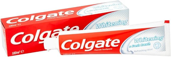 Colgate Whitening Fresh Breath Toothpaste (100ml) comes in a stylish red and white tube with blue accents, offering fresh breath and enhanced whitening for a confident smile daily.