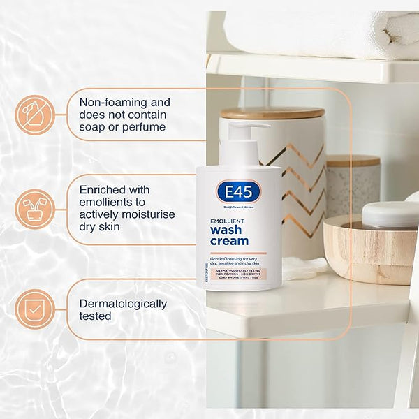 A 250ml bottle of E45 Emollient Wash Cream rests on a bathroom shelf, surrounded by towels and decor. Ideal for dry skin, this non-foaming, soap-free cream is enriched with emollients and dermatologically tested. The background shows a watery surface pattern.