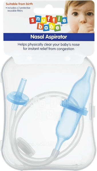 The Snufflebabe Nasal Aspirator Case (15ml) comes with a blue aspirator, tube, and mouthpiece. Its label features a babys face and is safe from birth for effective mucus removal and nasal congestion relief using two reusable filters.