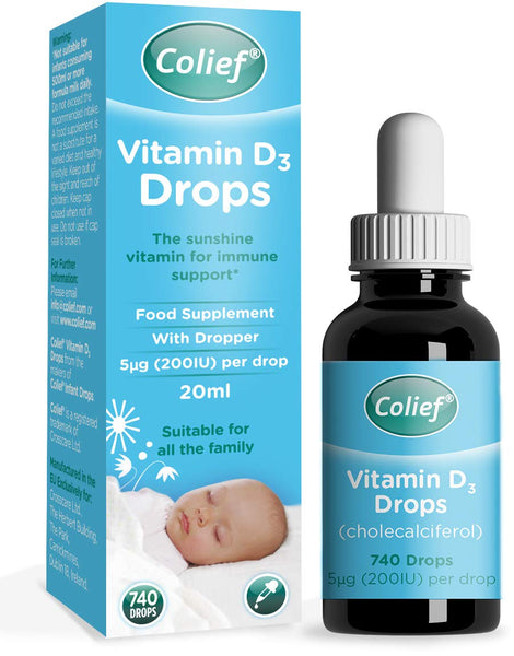 A Colief Vitamin D3 Drops (20ml) bottle is shown next to its blue and white box, highlighting it as a food supplement with 740 drops per bottle. It supports bone growth and immunity for the family, featuring a sleeping baby image on the package.