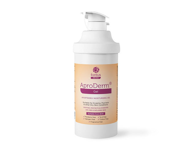 A Fonus Derma AproDerm Gel pump (500g) bottle offers deep moisturization for eczema, psoriasis, and dry skin. Its fragrance-free and color-free for effective care.