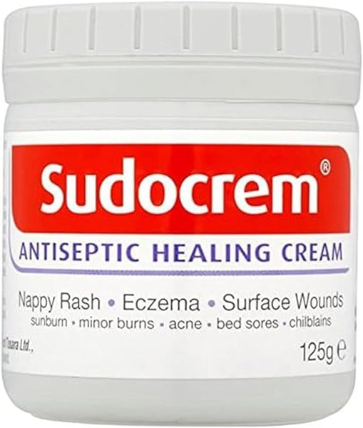 Sudocrem (125g) features a red-labeled jar and offers antiseptic healing ideal for nappy rash, eczema, surface wounds, sunburn, minor burns, acne, bed sores, and chilblains.