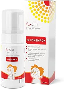 Poxclin Cool Mousse (100ml) is depicted with packaging that emphasizes soothing relief and natural ingredients. The bottle and box show a child with chickenpox spots. The product claims to relieve itching and prevent scarring, ensuring effective chickenpox relief.