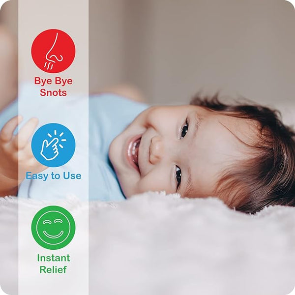 A cheerful baby relaxes on a soft white surface. On the left, a panel shows three icons: a red nose with Snufflebabe Nasal Aspirator for effective mucus removal, a blue hand labeled Easy to Use, and a green smiley face titled Instant Relief.