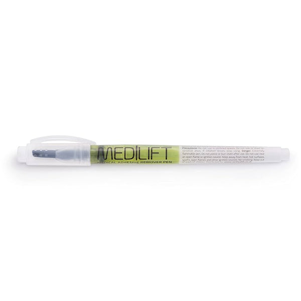 A transparent Medilift Medi Lift Medical Adhesive Remover Pen (10ml) with a clear cap, gentle on sensitive skin, is shown lying horizontally on a white background.