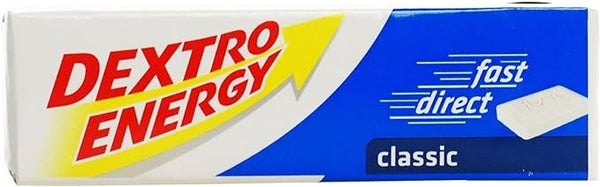 A 47g box of Dextro Energy Classic Tablets, providing an instant energy boost, features a white and blue design with a yellow arrow.