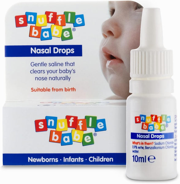 Close-up of Snufflebabe Saline Nasal Drops (10ml) packaging featuring a box with a babys face and a small white bottle. Its designed for newborns, infants, and children, providing natural nasal congestion relief with gentle saline for baby respiratory issues.