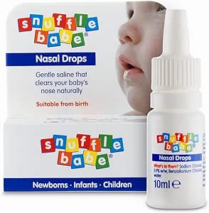 Snufflebabe Nasal Spray (75ml) features packaging with a babys face and describes it as a gentle saline solution for blocked noses in newborns, infants, and children.