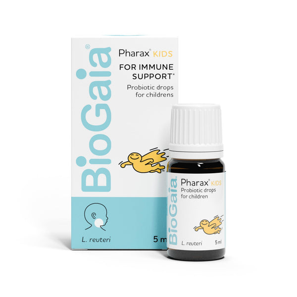 A 5ml bottle of Biogaia Pharax - Immune Support For Kids, adorned with a yellow cartoon character, stands before its box. Formulated by Biogaia to boost your childs immune system with a unique probiotic blend.