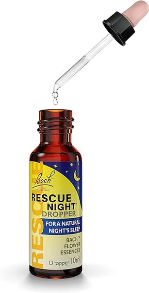 A 10ml brown glass bottle labeled Rescue Night Dropper from Bach, decorated with stars and a moon, features a dropper releasing liquid. Filled with Bach Flower Essences, it promises a serene nights sleep through its natural ingredients.