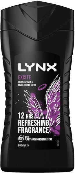 A 225ml black bottle of Lynx Excite Shower Gel features a purple and white abstract design, offering a coconut & black pepper scent. It promises 12 hrs refreshing scent with 100% plant-based moisturizers for an invigorating experience.