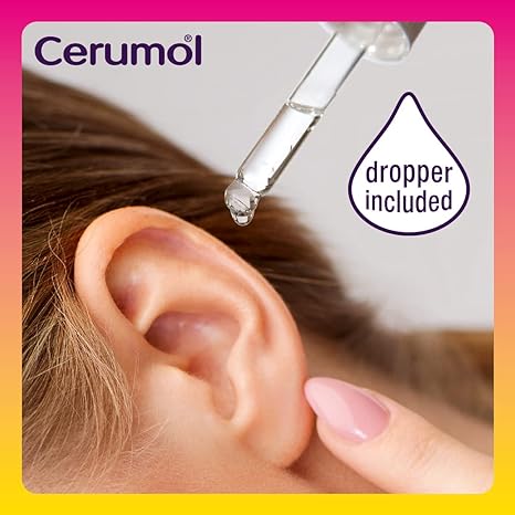 A close-up image shows a hand holding a dropper, releasing liquid into an ear to remove earwax effectively. The text reads Cerumol Ear Drops (10ml) with dropper included on a pink and yellow gradient background, ideal for maintaining hygiene and addressing blocked ears effortlessly.