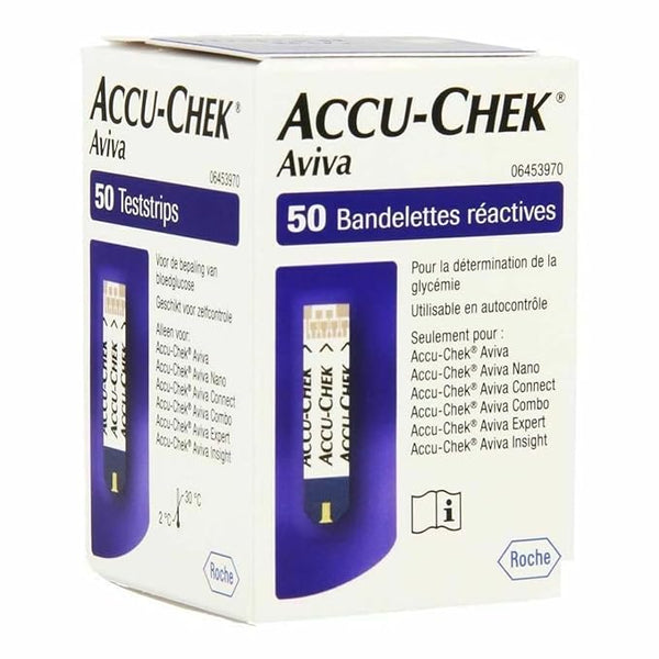 A box of Accu-Chek Aviva Test Strips (50 count) for glucose monitoring comes in white and blue packaging with Dutch and French labels, featuring the Roche logo at the bottom right.