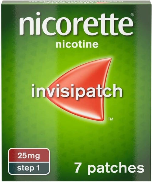 The Nicorette InvisiPatch 25mg Patch - Step 1 (7 Patches) box features a sleek red arrow on its green design, with each patch providing 25mg of nicotine for Nicotine Replacement Therapy.