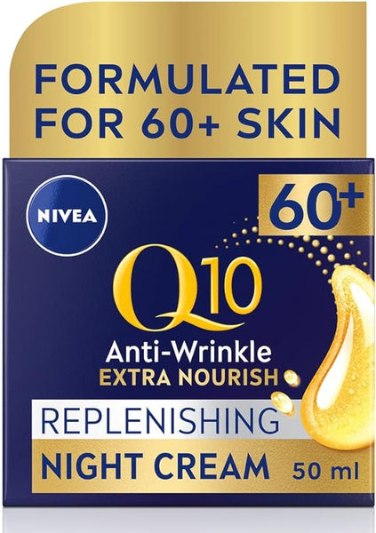 The Nivea Visage Q10 Power 60+ Night Cream (50ml) packaging elegantly blends navy blue and gold. A droplet graphic emphasizes its organic argan oil formulation for mature skin, making it an ideal anti-aging night cream for those over 60.