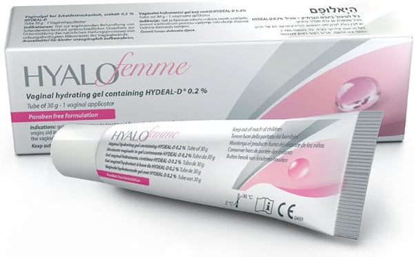 A 30g tube and box of Hyalo Femme vaginal hydrating gel, a skincare product with hyaluronic acid (HYDEAL-D 0.2%) and paraben-free, are displayed alongside a vaginal applicator. The packaging features text in English and possibly Hebrew.