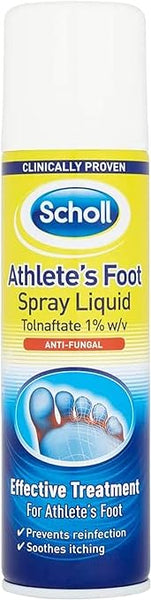 The image features a 150ml can of Scholl Athletes Foot Spray, a reliable treatment for fungal infections with 1% tolnaftate. Clinically proven to prevent reinfection and relieve itching, its design includes bold yellow with blue accents.