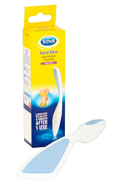 A Scholl Hard Skin Foot File is displayed beside its yellow and blue Scholl packaging, featuring product details and an image of the file with a white handle and blue abrasive surfaces for smoothing hard skin.