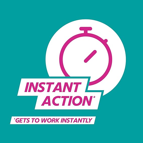 An illustration of a pink stopwatch inside a white circle on a teal background with INSTANT ACTION and *GETS TO WORK INSTANTLY in pink and white, perfect for those needing rapid relief from heartburn or indigestion with Gaviscon Double Action Liquid - Mint Flavour (12 Sachets) by Gaviscon.