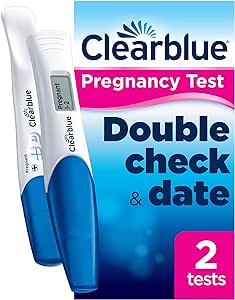 Clearblue Double Check & Date Test packaging shows the Conception Indicator with two digital tests, one positive. The text reads Double check & date, indicating the Clearblue box includes two tests for accurate results.