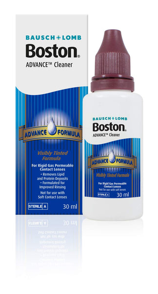 The Boston Advance Cleaner For Lenses, by Boston, comes in a 30ml bottle designed to eliminate protein deposits on hard lenses. The white bottle has a maroon cap, blue label with Advance Formula text, and a water droplet graphic.