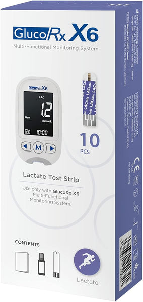 The GlucoRx X6 box features lactate monitoring instructions, an image of the monitor displaying 12, and includes 10 Gluco Rx 6 Lactate Test Strips with side icons.