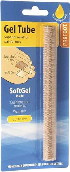 The ProFoot Soft Gel Tube (1 count) is designed for toe pain relief, recommended by chiropodists, and features soft polymer gel technology, stretchable cushioned protection, washability, Cut to size text, and a money-back guarantee.