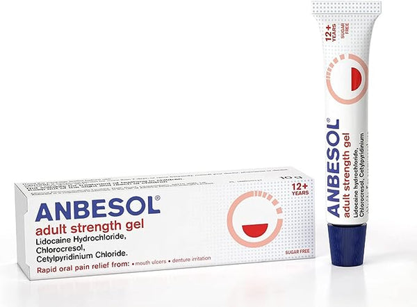 A box and tube of Anbesol Adult Strength Gel (10g) are shown, providing oral pain relief for mouth ulcers. The packaging lists lidocaine hydrochloride as an ingredient. Suitable for ages 12 and up, this sugar-free product efficiently alleviates discomfort.