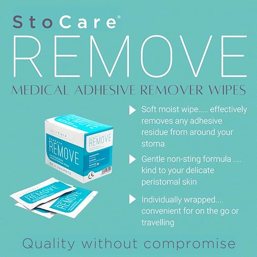 The ad highlights Stocare Medical Adhesive Remover, ideal for pain-free removal. Featuring soft moist wipes and a gentle non-sting formula to avoid irritation, each of the 30 sachets is individually wrapped, promising Quality without compromise.