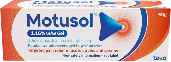 Motusol 1.16% Diclofenac Gel (30g) provides pain and swelling relief for acute strains and sprains in adults and teens 14+, featuring blue and orange packaging.